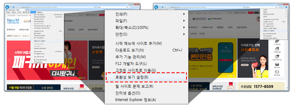 Internet Explorer �޴��� ���� > ȣȯ�� ���� ����